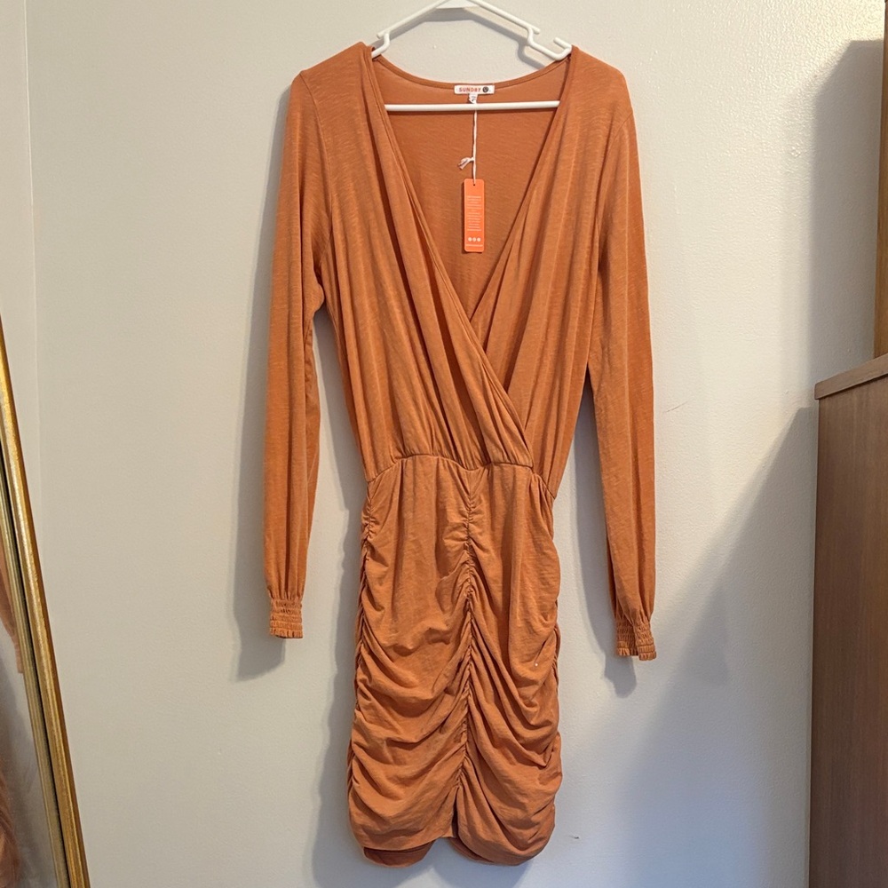 Sundry NWT Orange Long Sleeve Ruched Dress